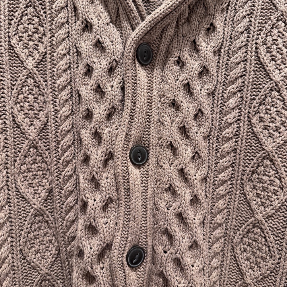 LLBean Signature Fisherman Cable Knit Sweater Cardigan Grandpa Cotton Brwn Tan L - Picture 11 of 16